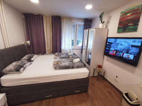 a bedroom with a large bed with a flat screen tv at Apartment Novi Zagreb in Zagreb