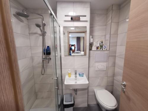 a bathroom with a shower and a toilet and a sink at Apartment Novi Zagreb in Zagreb
