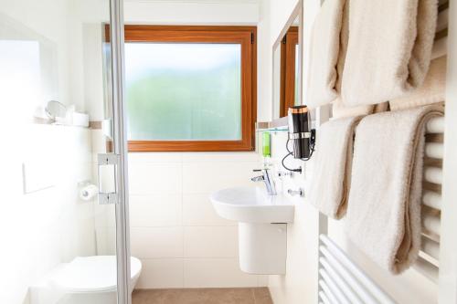 a bathroom with a toilet and a sink and a window at Gasthaus Rebstock in Simonswald