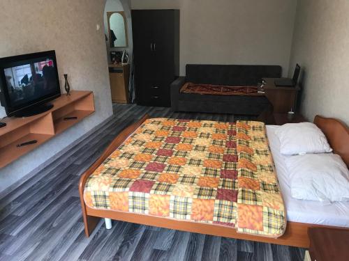 een hotelkamer met een bed en een televisie bij квартира на набережной in Alma-Ata