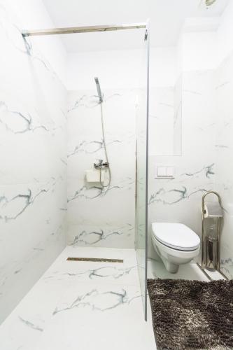 a white bathroom with a shower and a toilet at EVRA APARTMENTS in Recaş