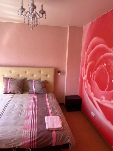 a bedroom with a large bed with a pink wall at Hotel DANIELA in Nīca