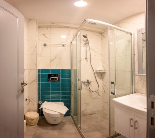 a bathroom with a shower and a toilet and a sink at Lynda Hotel in Istanbul