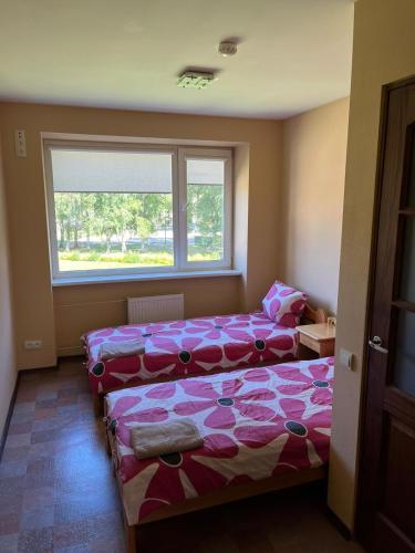 a bedroom with two beds and a window at Hotel DANIELA in Nīca