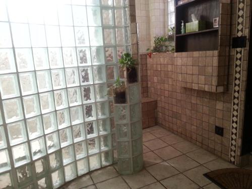 a tiled bathroom with two potted plants in it at Ray's Bucktown Bed and Breakfast in Chicago