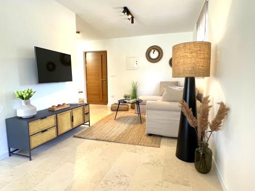 uma sala de estar com um sofá e uma televisão em Villa Meliora em Vižinada
