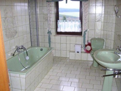 uma casa de banho com uma banheira verde e um lavatório em Ferienwohnung-Freuen em Blankenheim