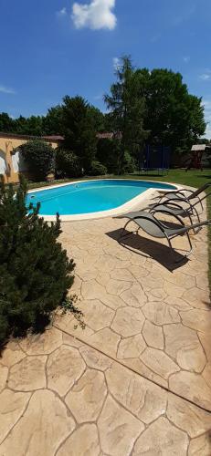 una piscina con 2 sillas de jardín junto a ella en Kenguru Panzió, en Hódmezővásárhely