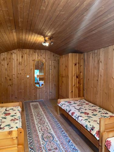 1 dormitorio con 2 camas y alfombra en Villa Alexa en Borovets