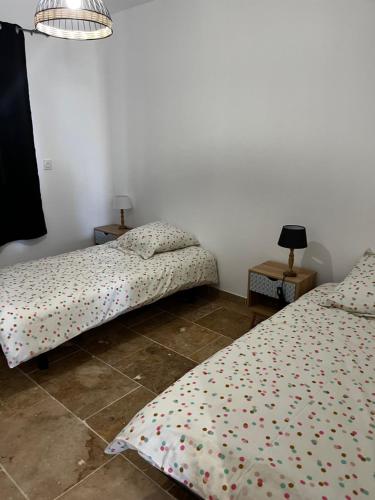 um quarto com 2 camas individuais e um candeeiro em Magnifique maisonnette Dépendance avec Piscine em Châteaurenard