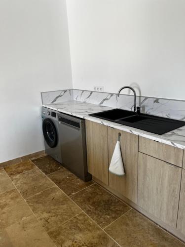 uma cozinha com um lavatório e uma máquina de lavar roupa em Magnifique maisonnette Dépendance avec Piscine em Châteaurenard
