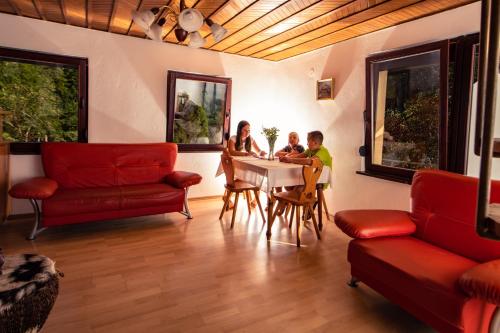 dos niños sentados en una mesa en una sala de estar en LINCA Hiška pod slapom, en Podvelka