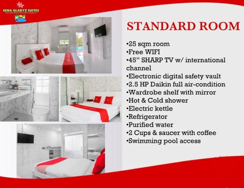 Un folleto para una habitación de hotel con cama y baño en Sena Gladyz Suites en Panabo