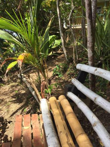 a wooden bench sitting next to a fence at Atlantis cove Tobago 