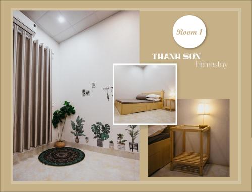 un colletto di foto di una camera con letto e tende di Thanh Sơn Homestay-Cao Bằng a Cao Bằng