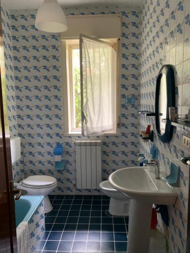 La salle de bains bleue et blanche est pourvue d'un lavabo et de toilettes. dans l'établissement La villa di Flora singola MONTEROSSO ETNEO, à Fleri