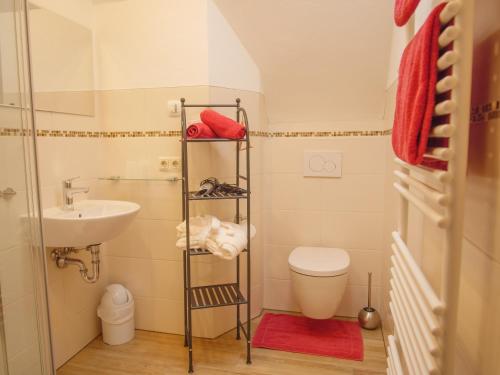 a bathroom with a toilet and a sink at Kirschberghof Gästehaus und Weinverkauf in Sommerhausen