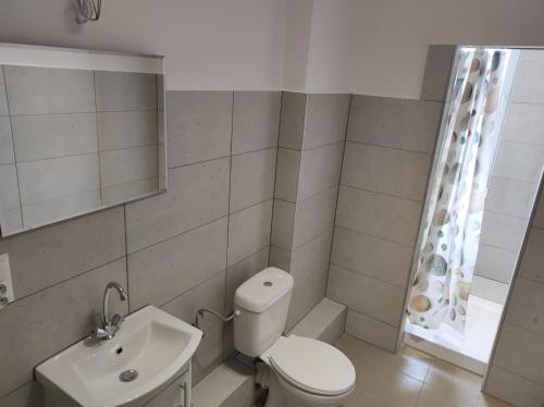 La salle de bains est pourvue de toilettes et d'un lavabo. dans l'établissement Gościniec Biebrzański, à Lipsk