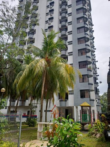 a palm tree in front of a tall building at Sakura Home in Batu Ferringhi