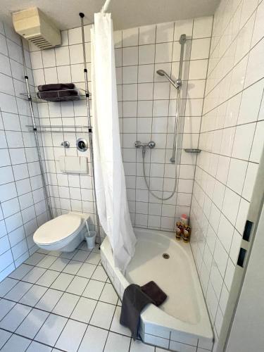 La salle de bains est pourvue de carrelage blanc, d'une douche et de toilettes. dans l'établissement Gemütliche Wohnung in Trier Fußgängerzone, à Trèves