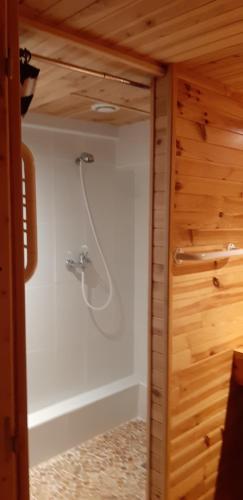 y baño con ducha y pared de madera. en la cabane au fond du jardin, en Arsac