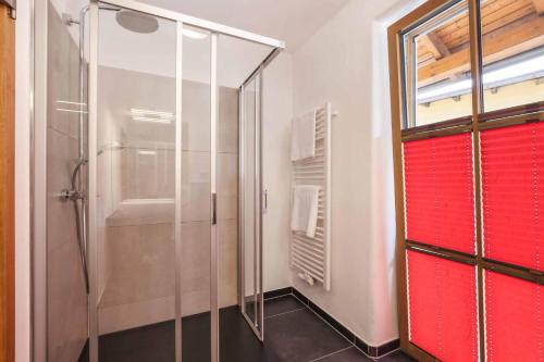uma casa de banho com uma cabina de duche em vidro e uma porta vermelha em Hotel Garni zum Schwan em Waldmünchen
