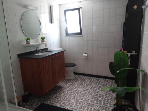 a bathroom with a sink and a toilet and a mirror at Casa Livia in Lieser
