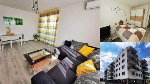 a living room with a couch and a bedroom at Apartment MRVICA near the Zagreb Airport in Velika Gorica