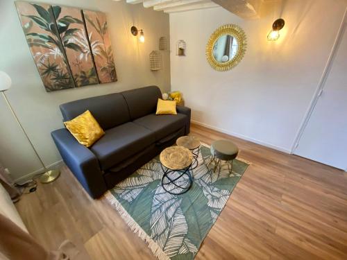 un salon avec un canapé noir et une table dans l'établissement Le studio jaune - studio hypercentre Rouen - 107, à Rouen