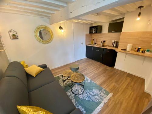 un salon avec un canapé et une cuisine dans l'établissement Le studio jaune - studio hypercentre Rouen - 107, à Rouen