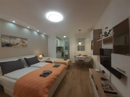 スボティツァにあるApartments Biroの大きなベッドとリビングルームのある寝室