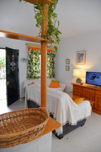 a bedroom with a bed and a television and a basket at Casa Lea in Islantilla
