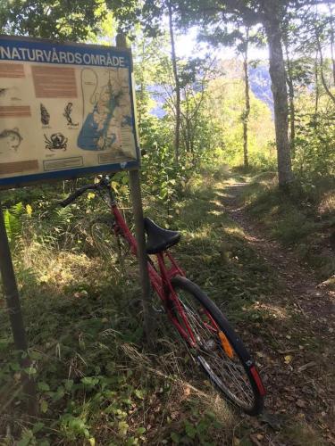 a bike parked next to a sign on a trail at Bergsviksvägen 5, Munkedal in Munkedal
