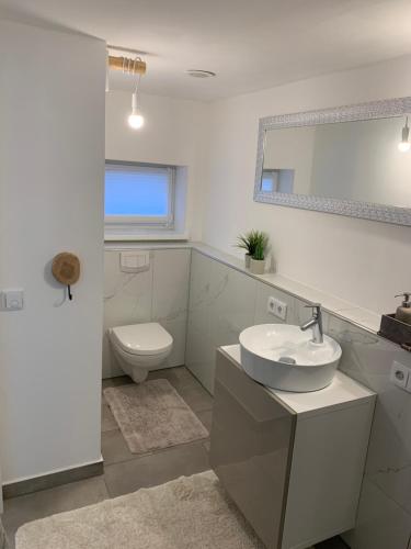 a white bathroom with a sink and a toilet at Schickes Apartment mit direkter Waldrandlage in Geisenheim