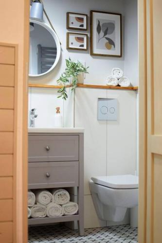 a bathroom with a toilet and a sink and a mirror at Okno na las in Wola Polska