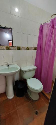 a bathroom with a toilet and a sink and a pink shower curtain at HOTEL CASA COLONIAL in San Antonio del Táchira