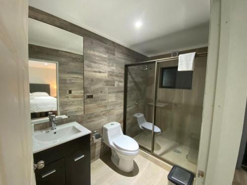 a bathroom with a toilet and a shower and a sink at La casona Talpen in Constitución