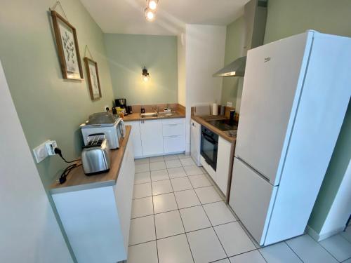 une cuisine avec un réfrigérateur blanc et un évier dans l'établissement le Clot Saint Clement - Logement de charme Rouen - 091, à Rouen