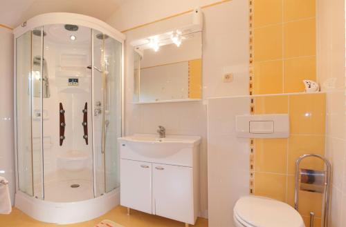 a bathroom with a shower and a toilet and a sink at Apartments by the sea Supetarska Draga - Gonar, Rab - 16738 in Rab