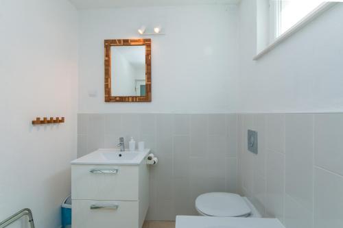 W łazience znajduje się umywalka, toaleta i lustro. w obiekcie Apartments with a parking space Brela, Makarska - 16596 w Breli