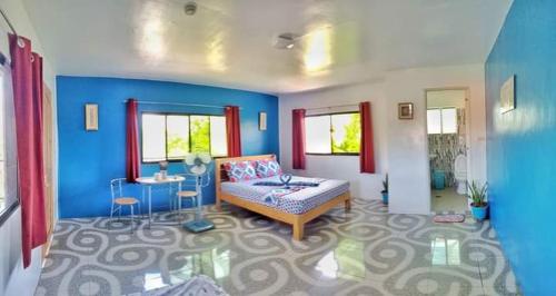 uma sala de estar com um sofá e paredes azuis em Happy bear moalboal budget rooms em Moalboal