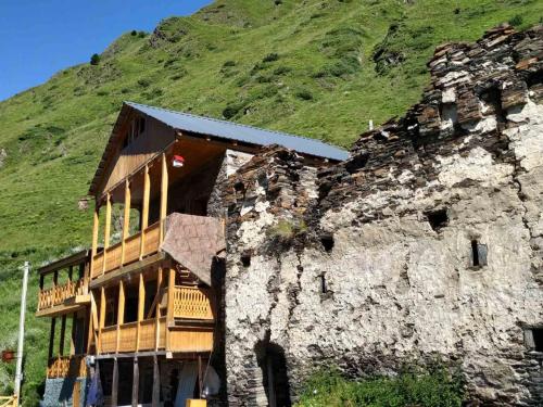 a building on a mountain with a green hill at Qaldea Resort in Ushguli