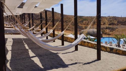 a group of hammocks hanging from poles next to a pool at Maple Resort in Santa Rosa