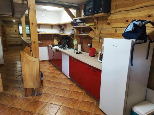 a kitchen with red cabinets and a white refrigerator at Apartmány GUGEL MLYNKY in Mlynky 