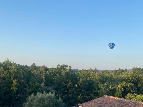 a kite is flying in the sky over trees at villa Luberon in Saint-Saturnin-les-Apt