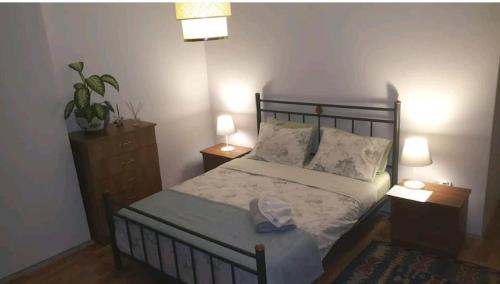 a bedroom with a bed with two night stands and two lamps at Comfortable Layover from 12 mins Istanbul Airport in Istanbul