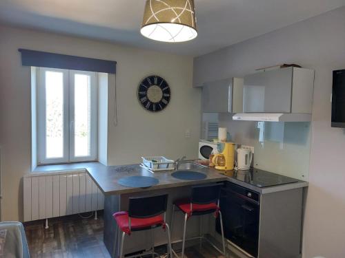 une cuisine avec deux lavabos et une horloge murale dans l'établissement appartement cosy Hôtel Continental, à Vittel