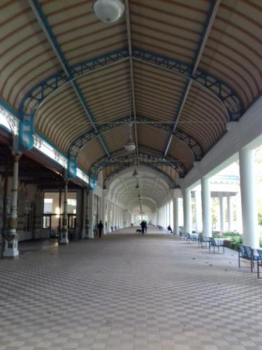 un couloir vide d'un bâtiment avec un grand plafond dans l'établissement appartement cosy Hôtel Continental, à Vittel