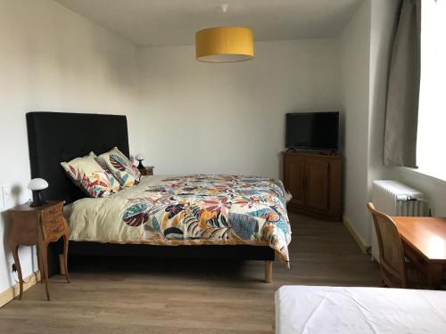 a bedroom with a bed with a comforter and a television at Auberge Ti'gousket in Guingamp