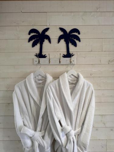 2 serviettes suspendues sur un mur planté de palmiers dans l'établissement Domaine de Roullet, à Roullet-Saint-Estèphe